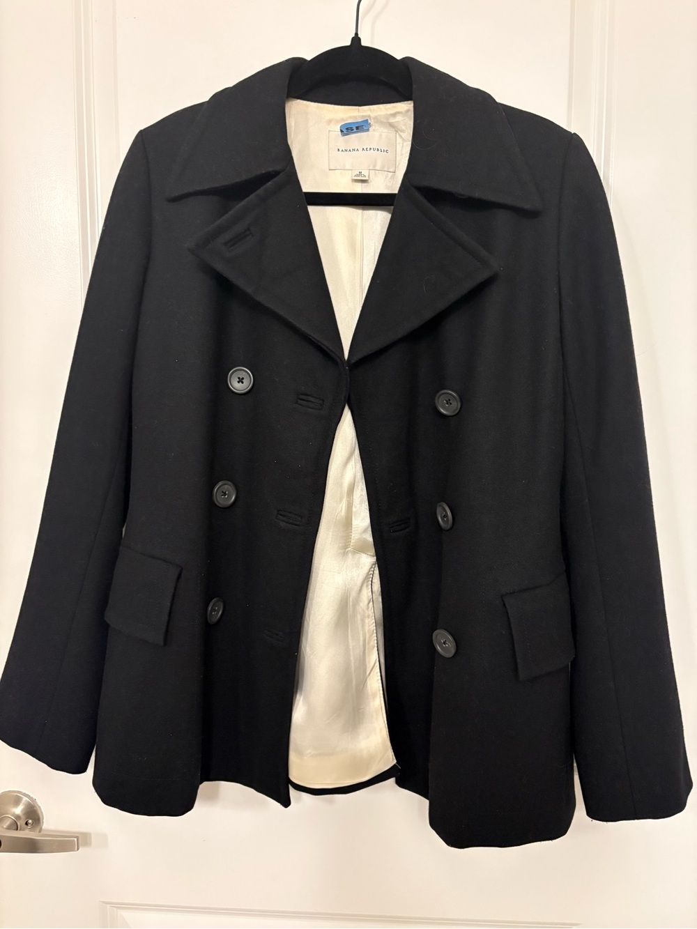 Banana Republic Black Double-Breasted Wool Pea Coat with Cream Lining